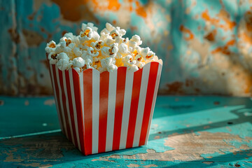 Vintage Popcorn Box on Rustic Turquoise Wooden Table