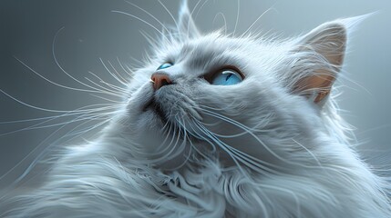 the ethereal beauty of a white Persian cat captured in a portrait that highlights its captivating blue eyes, radiating an aura of elegance and grace