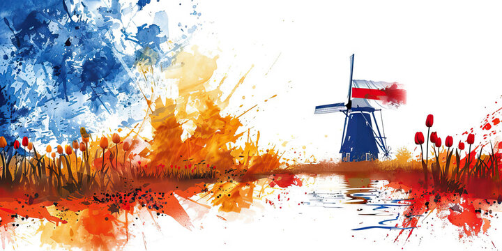 Dutch Flag with a Windmill Operator and a Tulip Farmer - Visualize the Dutch flag with a windmill operator representing Dutch engineering and a tulip farmer