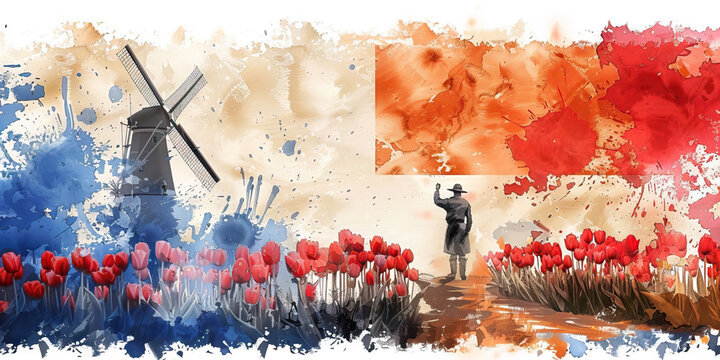 Dutch Flag with a Windmill Operator and a Tulip Farmer - Visualize the Dutch flag with a windmill operator representing Dutch engineering and a tulip farmer