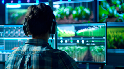 A rear view of a farmer with headphones using advanced technology for crop analysis, an office with screens and monitors.