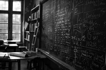 Dense mathematical equations on a classroom blackboard, a testament to the rigor of education