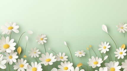 Flower green banner with 3d white daisies flowers and leaves. Greeting card, invitation template with chamomile flowers. Modern poster, sale template background