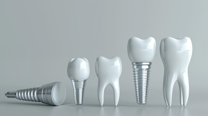 Dental implants on a gray background, artificial ceramic teeth, dental care