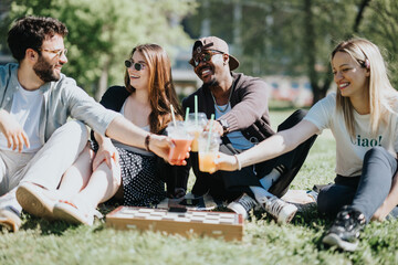 Four friends toast with fresh juices while sitting on the grass, sharing moments of joy and...