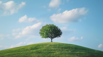 Fototapeta premium Lone tree on a hill under a wide sky, minimalistic landscape emphasizing tranquility and strength