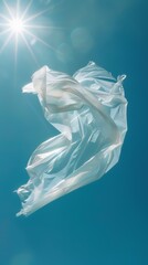 Minimalist image of a single translucent plastic bag adrift against a vivid blue sky, sun glaring slightly