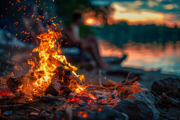 Serene Sunset Campfire by the Lake with Silhouette of Person Relaxing