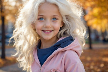 A beautiful little girl with blue eyes and white hair, outside on a sunny autumn day.Portrait.Smiling.Cheerful.