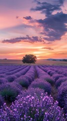 Sunset over a peaceful lavender field, warm colors blending with purple hues, tranquil and beautiful