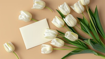 A beautiful arrangement of white tulips with a blank card rests on a soft beige backdrop evoking a sense of Valentine s Day or Mother s Day celebrations This top down view showcases a lovel