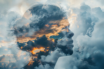 Depression, trauma, and anxiety concept, double-exposure photo of a person and dark clouds