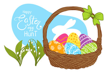 Happy Easter egg hunt greeting card template. colored egg basket with Lily of the Valley flower for greeting card, poster, invitation, banner, menu design. Hand drawn doodle illustration