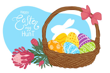 Happy Easter egg hunt greeting card template. colored egg basket with protea flower  illustration for  greeting card, poster, invitation, banner, menu design. . Hand drawn doodle illustration