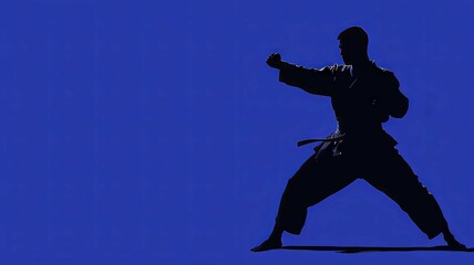 Silhouetted Karate Master Poised in Midnight Blue Backdrop for Copy Space