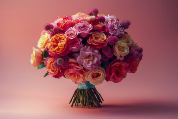 Fototapeta premium Elegant Bouquet of Mixed Flowers against a Soft Coral Background
