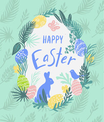 Naklejka premium Happy Easter Day greeting card template. Colored eggs, bunny, bird, green grass, leaves, butterfly. Collage trendy style illustration for poster, banner, invitation, card design. Pastel colors
