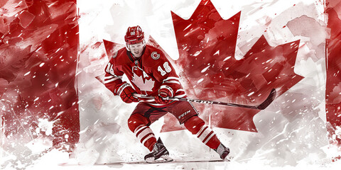 Canadian Flag with a Mountie and a Hockey Player - Picture the Canadian flag with a Mountie representing law enforcement and a hockey player 