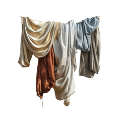 old clothes of different colors hanging on a clothesline