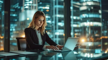 Fototapeta premium b'Businesswoman working late in her office using laptop computer'