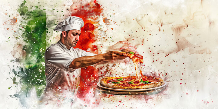 Italian Flag with a Pizza Chef and an Opera Singer - Imagine the Italian flag with a pizza chef representing Italian cuisine and an opera singer