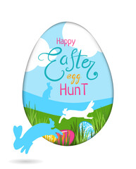 Easter hunt greeting card, paper cut style. bunny, easter eggs banner for poster, cover, postcard, banner, Restaurant, cafe menu, holiday decoration, greeting card, web banners, packages 