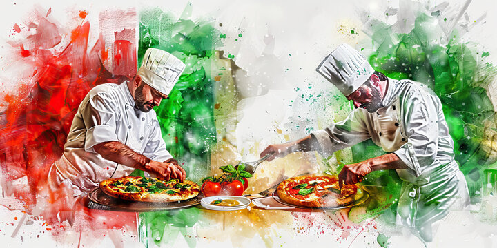 Italian Flag with a Pizza Chef and an Opera Singer - Imagine the Italian flag with a pizza chef representing Italian cuisine and an opera singer