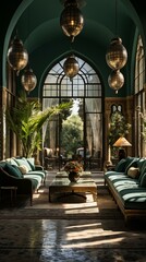 Obraz premium b'Elegant living room with green walls and arched windows'
