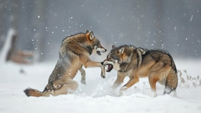 Wondrous gray wolves engaged in snowy combat: majestic wildlife encounter