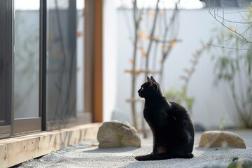 b'A black cat is sitting in a Zen garden'