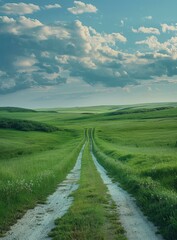 b'Rural dirt road through a lush green prairie landscape'