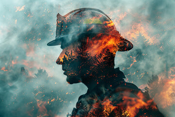 Heroic double-exposure photo of a wildfire and a firefighter - 798114187