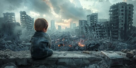 b'Little girl sitting on a pile of rubble in a war-torn city'