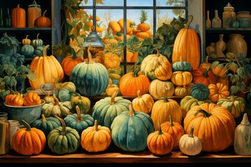 b'A beautiful still life painting of pumpkins and gourds in a window' - obrazy, fototapety, plakaty