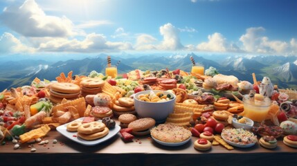 b'A table full of food with a mountain landscape in the background'