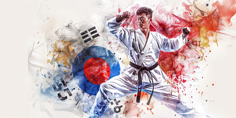 South Korean Flag with a Taekwondo Master and a Technology Innovator - Picture the South Korean flag with a Taekwondo master representing Korean martial arts and a technology innovator 