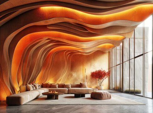 Modern organic interior design with parametric wooden wall and ceiling