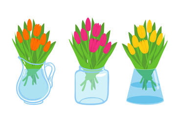 Tulips in vase. Orange, red Spring flowers bouquet. Vector illustration isolated for seasons greeting postcard, poster, wedding invitation, web banner, spring sale advertising, gardening, holiday 