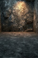 b'Spotlight in dark stone room'