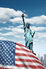 b'Statue of Liberty with American flag waving in the background' - obrazy, fototapety, plakaty