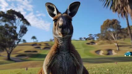 Kangaroos freely roam on Australian golf course, offering a unique wildlife experience. Concept Kangaroos, Australian wildlife, Golf course, Unique experience, Wildlife encounter