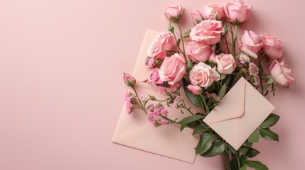 Adorned with stunning pink roses a bouquet of beautiful flowers graces a postal envelope resting on a delicate pink paper background complete with a blank sheet ready for your message The s