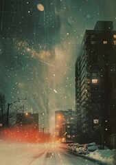 b'Retro and Futuristic City Street View with Snow Falling at Night'