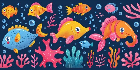 Obraz premium b'Colorful fishes and underwater plants seamless pattern'