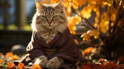 b'A cat wearing a kimono is sitting in a field of fallen leaves'