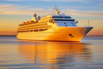 b'A large white cruise ship sails on a calm sea at sunset' - obrazy, fototapety, plakaty