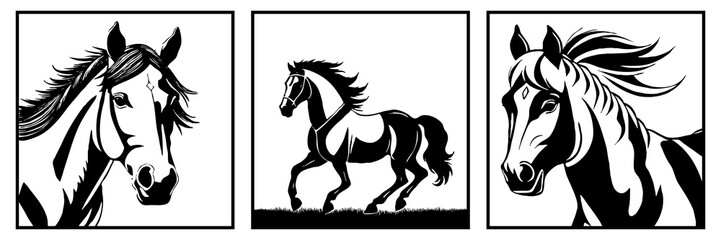 Obraz premium Horse . Black and white animal graphics. Logo design for use in graphics. Print for T-shirts, design for tattoos. Generated by Ai