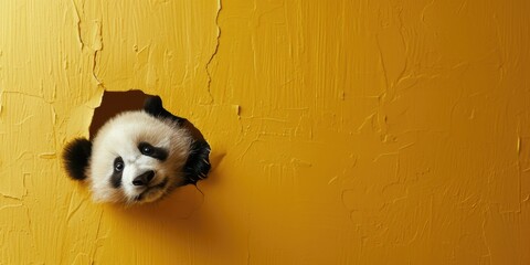 Close up view picture of the hollow yellow hole on the the wall that show the panda stay inside the wall that has been made from some material yet still can break to look through other side. AIGX03.