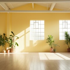 b'Bright yellow room with large windows and plants'