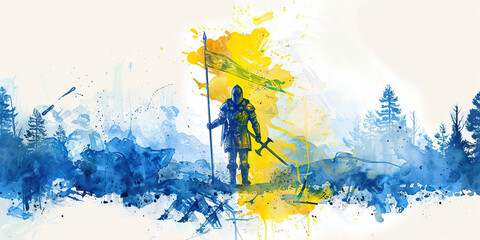  Swedish Flag with a Viking Warrior and a Environmental Activist - Imagine the Swedish flag with a Viking warrior representing Sweden's Viking heritage and an environmental activist